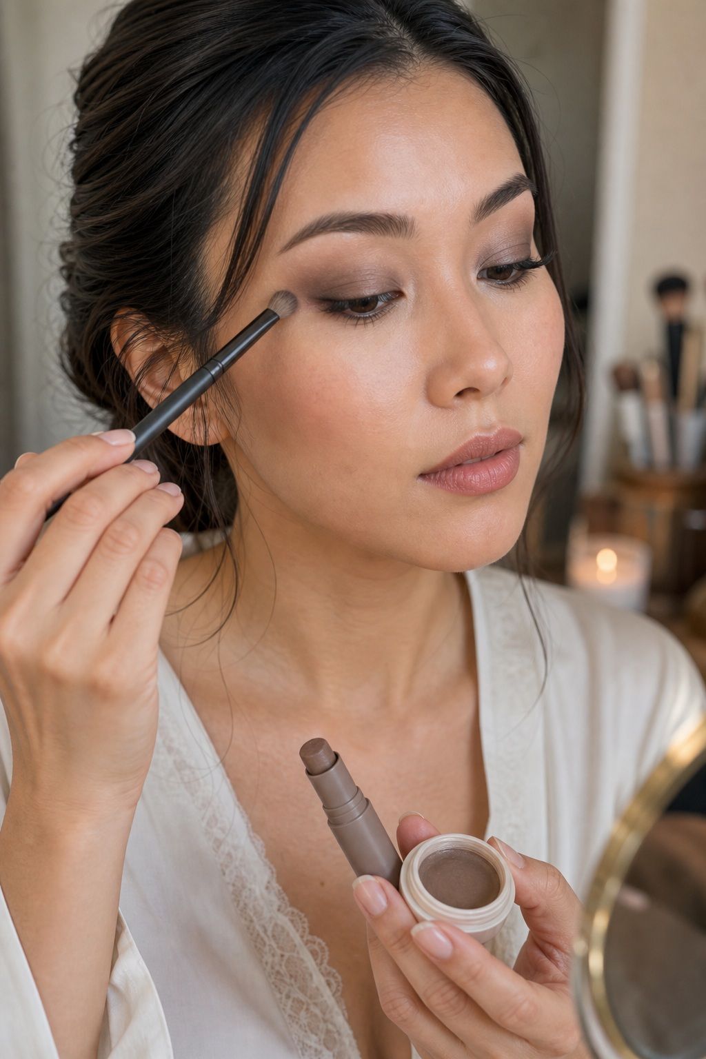 Bride applying build a cream taupe smoky eye for fresh long-lasting summer wedding makeup.