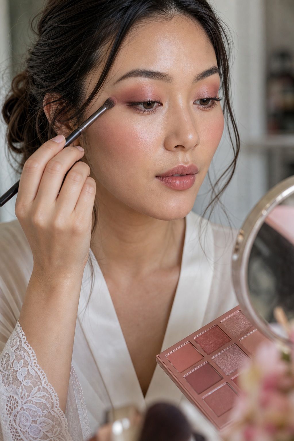 Bride applying choose a monochrome rose eye for fresh long-lasting summer wedding makeup.