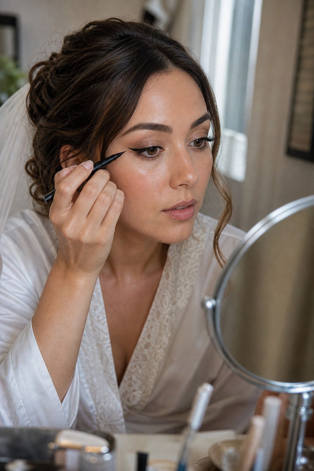 Bride applying add a black liner wing for fresh long-lasting summer wedding makeup.