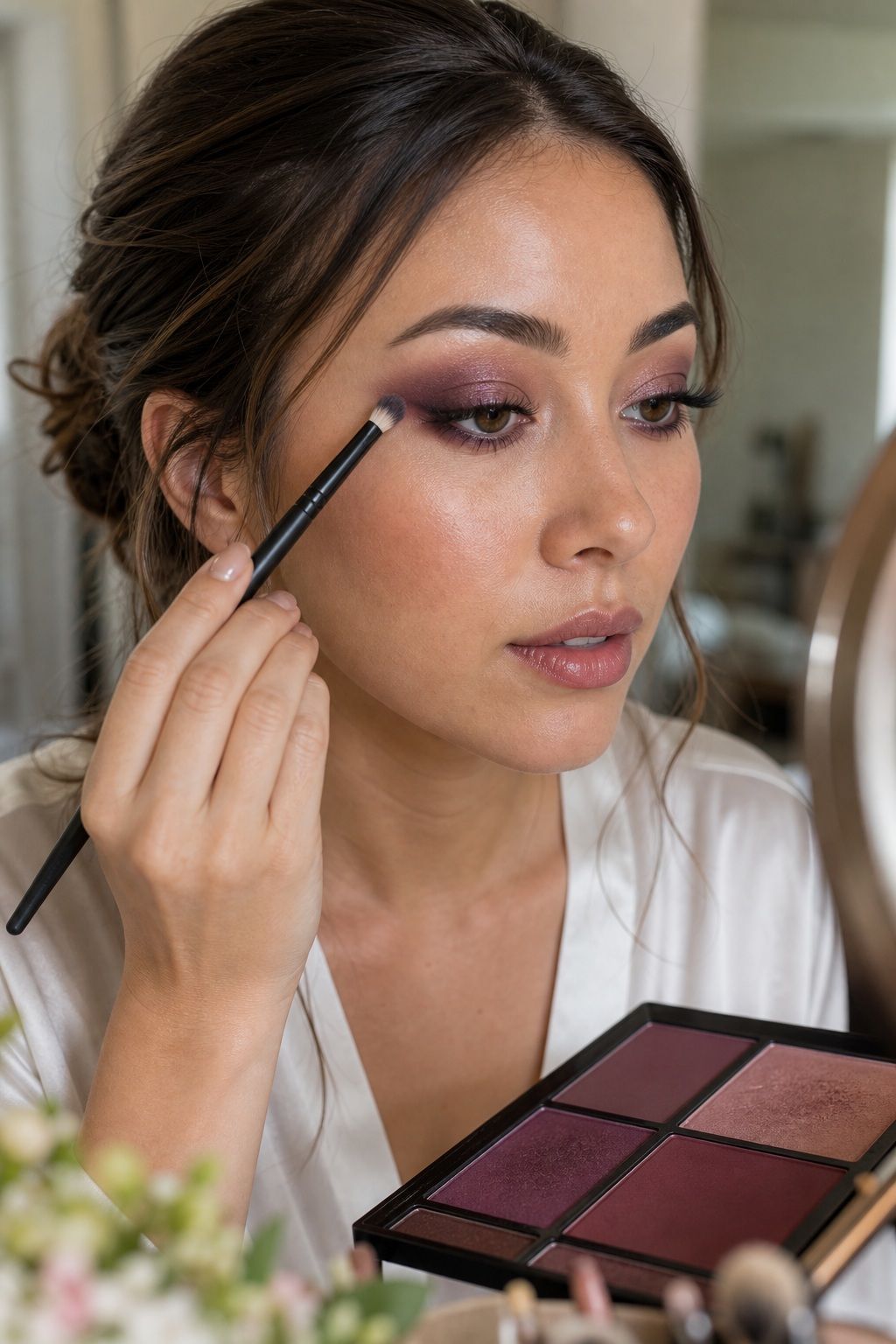 Bride applying try a plum smoky eye for cool evening tones for fresh long-lasting summer wedding makeup.