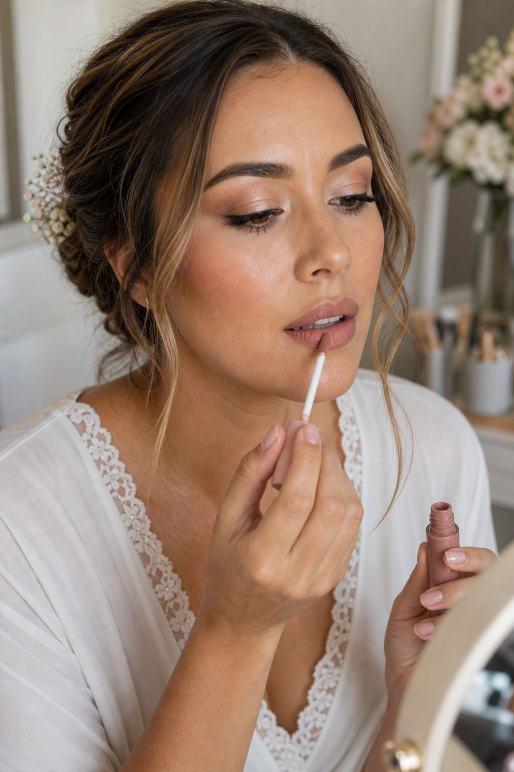 Bride applying use matte nude liquid lipstick for fresh long-lasting summer wedding makeup.