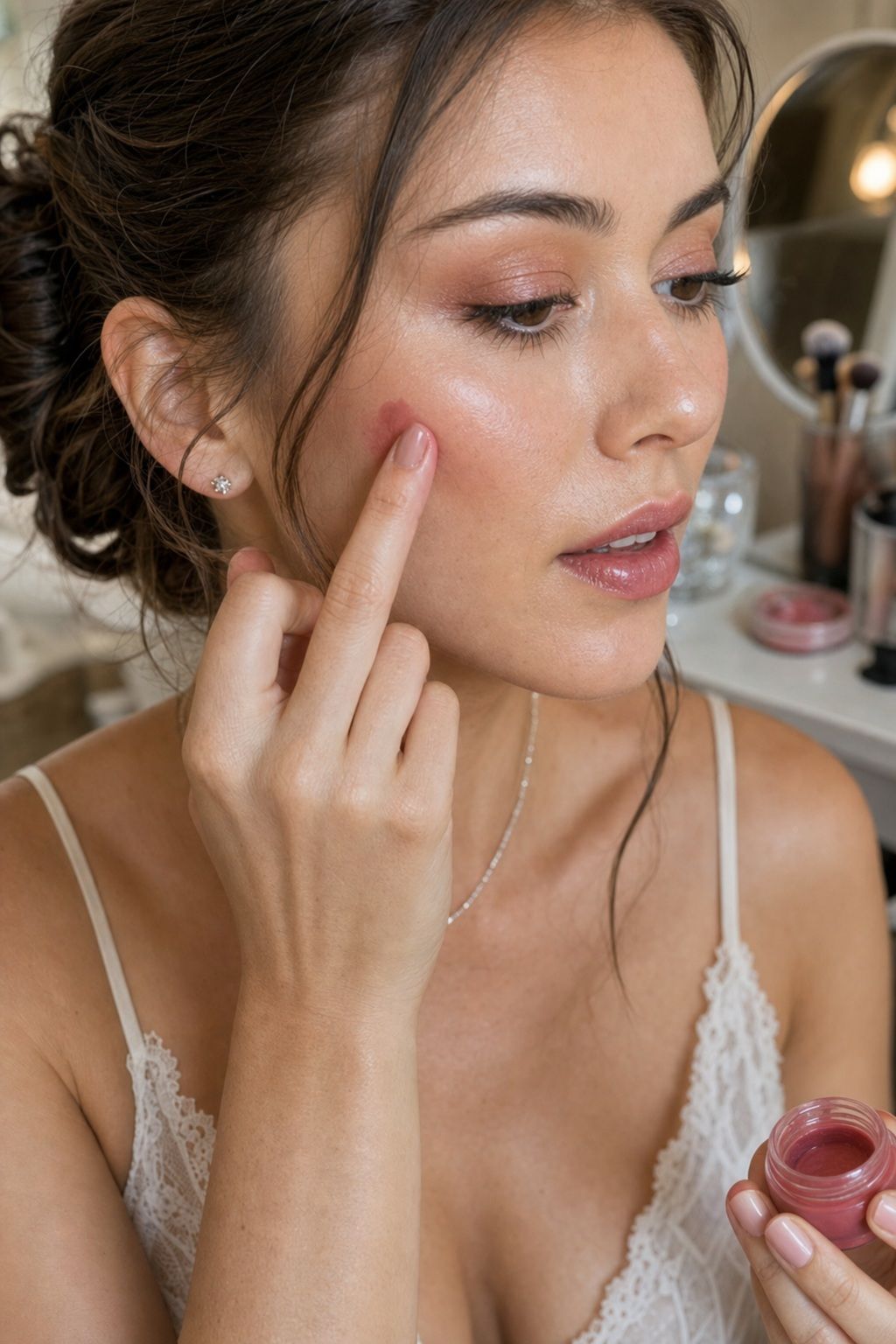 Bride applying pick a soft berry tint for fresh long-lasting summer wedding makeup.
