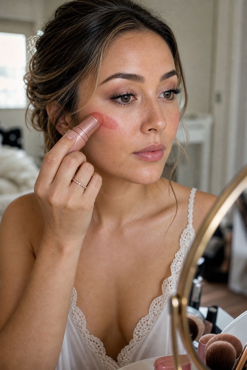 Bride applying apply cream blush stick for natural glow for fresh long-lasting summer wedding makeup.