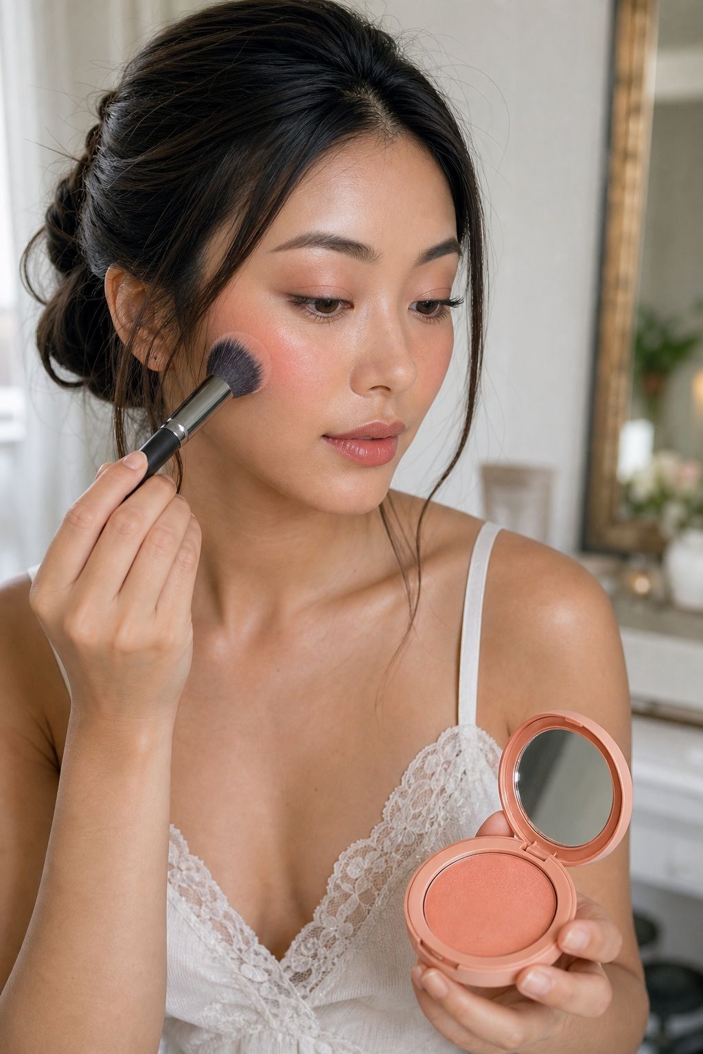 Bride applying add peach powder pop for photos for fresh long-lasting summer wedding makeup.