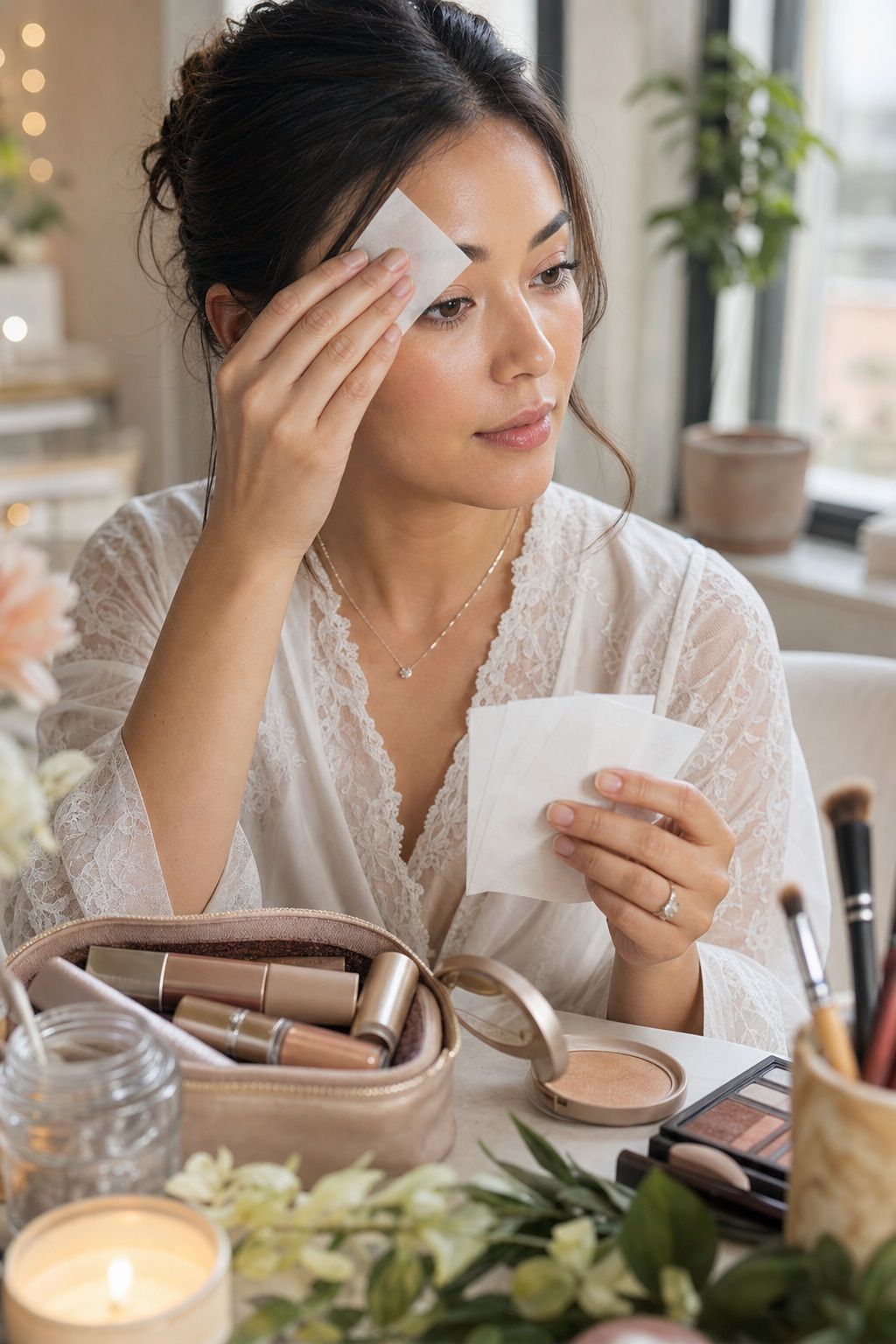 Bride applying pack blotting paper for shine control for fresh long-lasting summer wedding makeup.