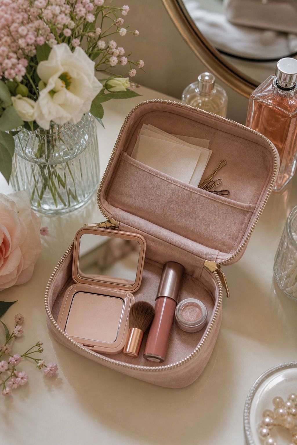 Bride applying bring a mini compact set for fresh long-lasting summer wedding makeup.