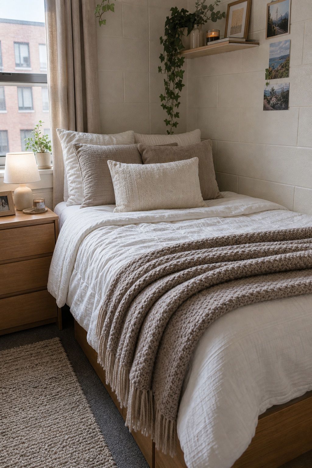 Layered Neutral Bedding with Throw Blanket small apartment idea for Top 20 Stylish College Dorm Room Ideas to Make Your Space Feel Like Home.