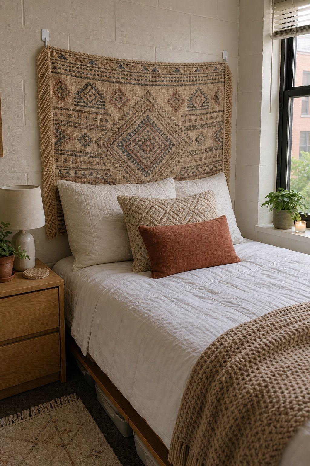 Mix Wall Hanging as Faux Headboard small apartment idea for Top 20 Stylish College Dorm Room Ideas to Make Your Space Feel Like Home.