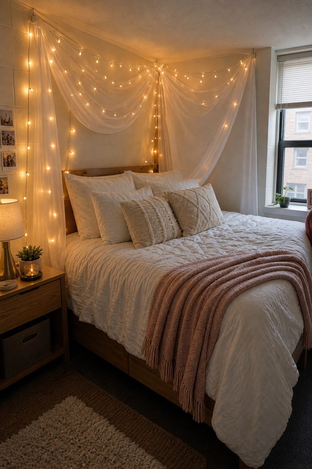 String Light Bed Canopy small apartment idea for Top 20 Stylish College Dorm Room Ideas to Make Your Space Feel Like Home.