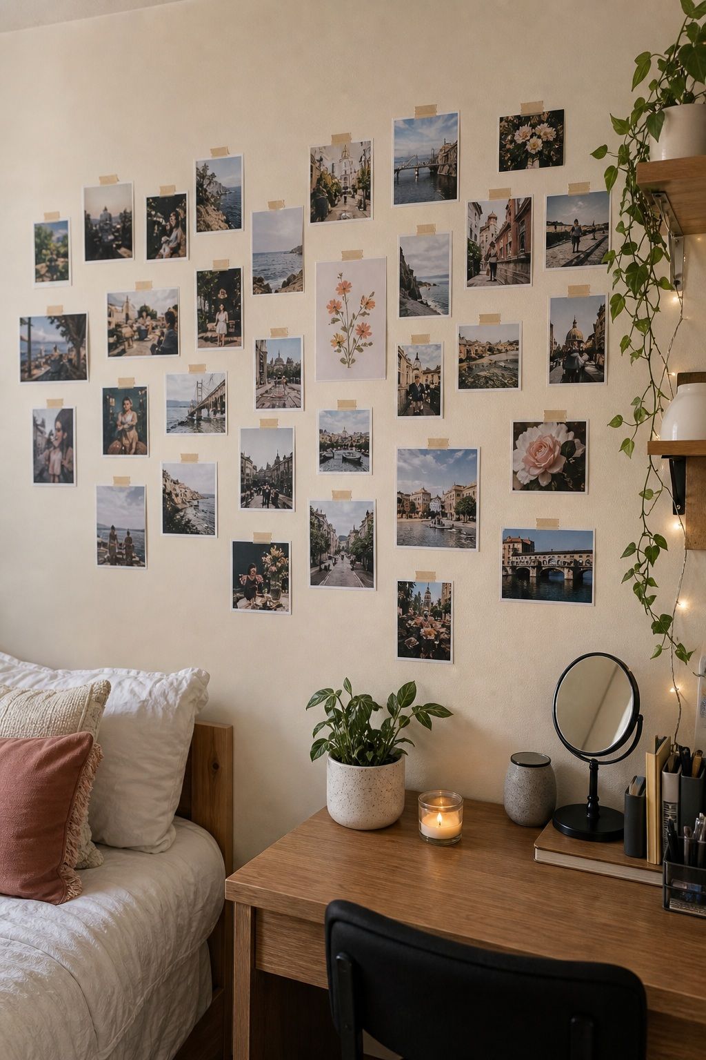 Photo Collage Wall small apartment idea for Top 20 Stylish College Dorm Room Ideas to Make Your Space Feel Like Home.