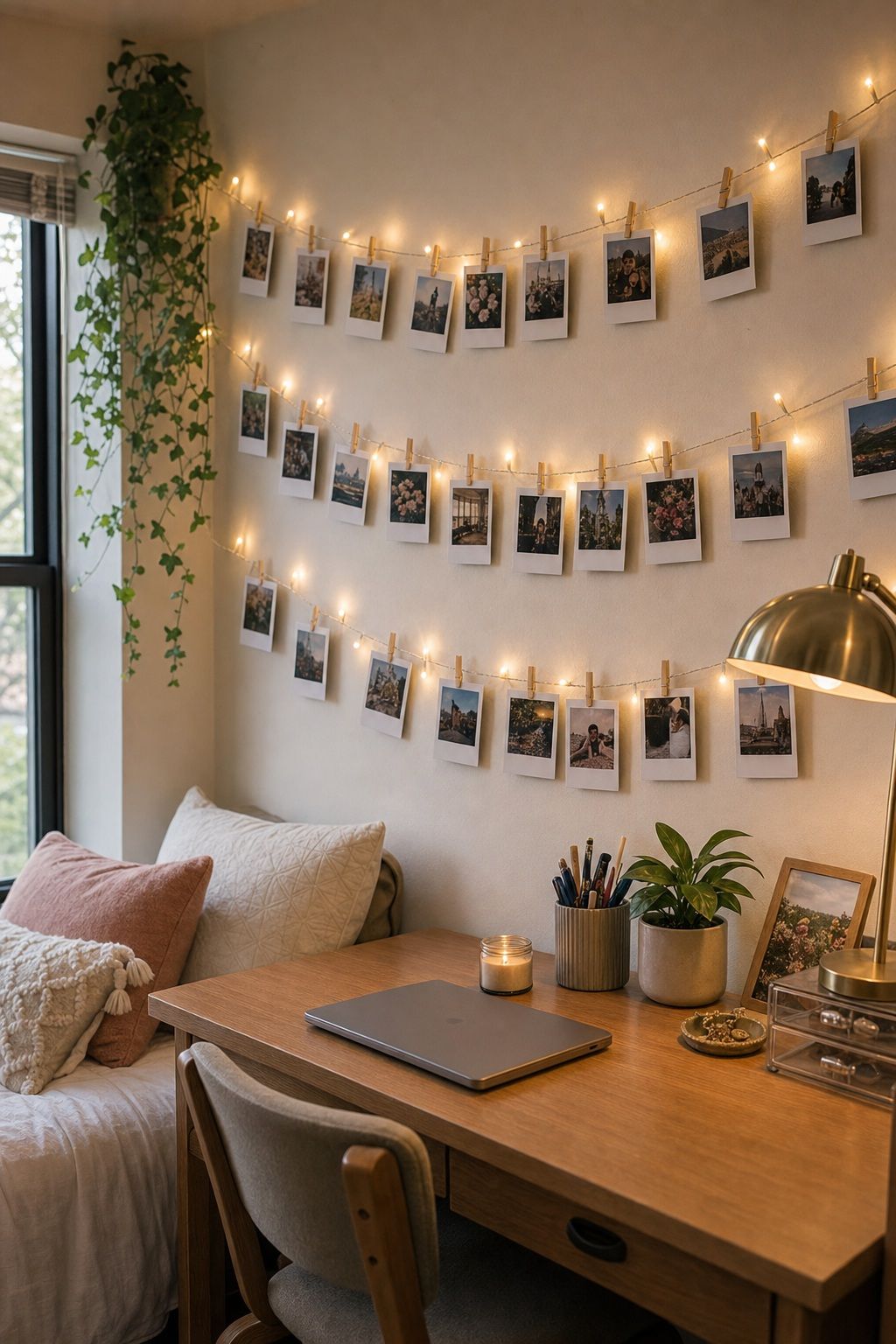 Polaroid Photo Display small apartment idea for Top 20 Stylish College Dorm Room Ideas to Make Your Space Feel Like Home.