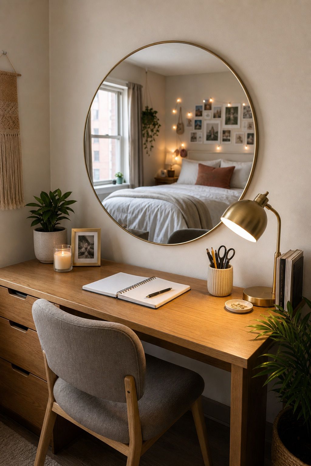 Statement Mirror Above Desk small apartment idea for Top 20 Stylish College Dorm Room Ideas to Make Your Space Feel Like Home.