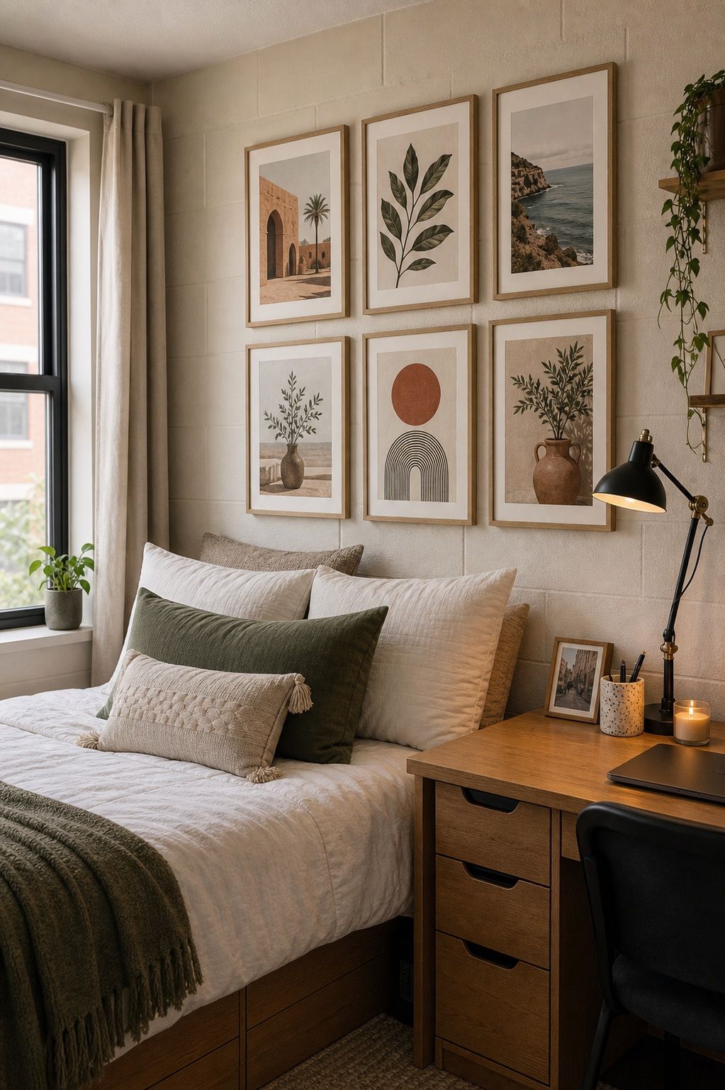 Posters in Coordinated Frames small apartment idea for Top 20 Stylish College Dorm Room Ideas to Make Your Space Feel Like Home.