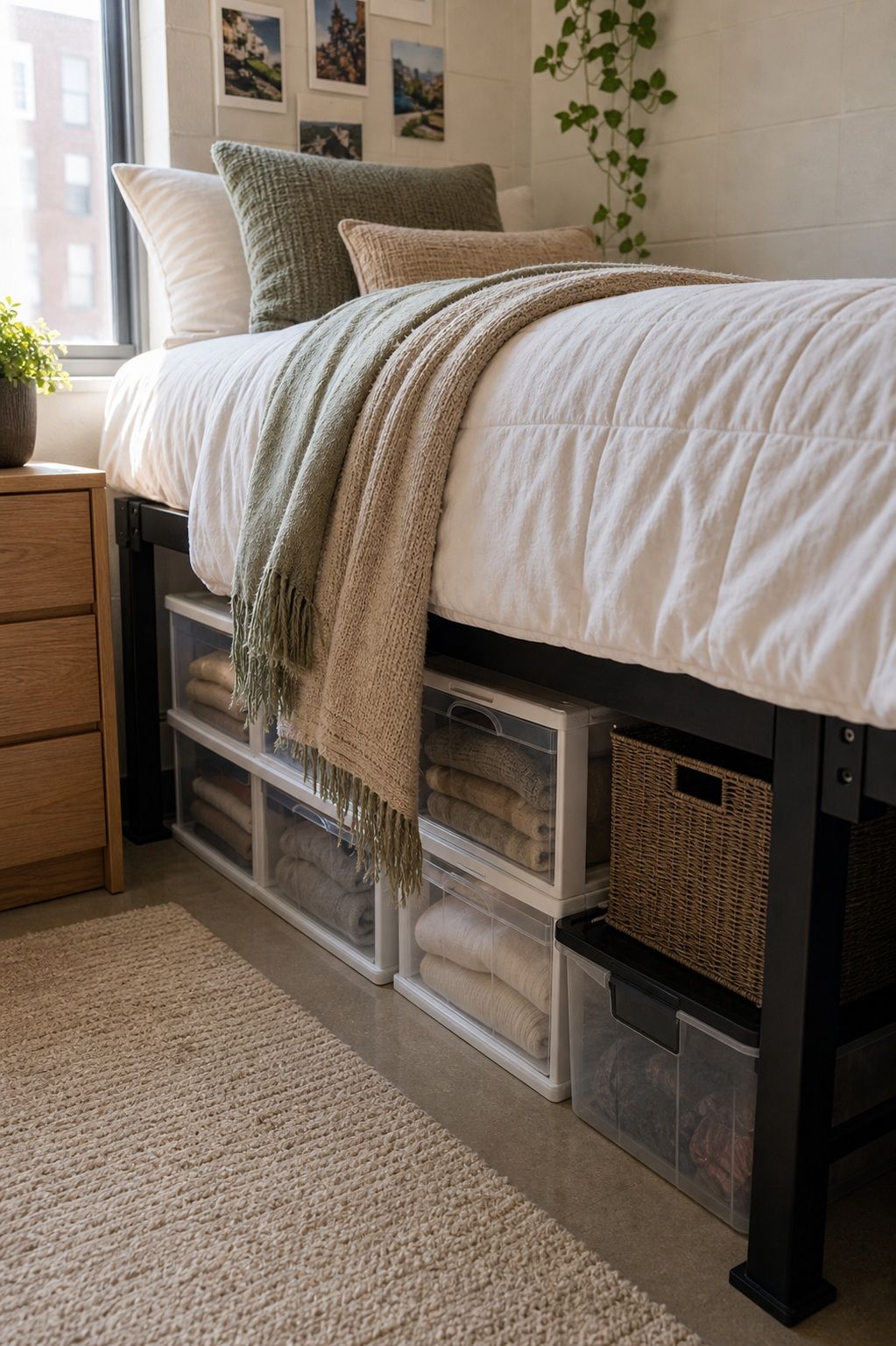 Bed Risers with Under-Bed Storage small apartment idea for Top 20 Stylish College Dorm Room Ideas to Make Your Space Feel Like Home.