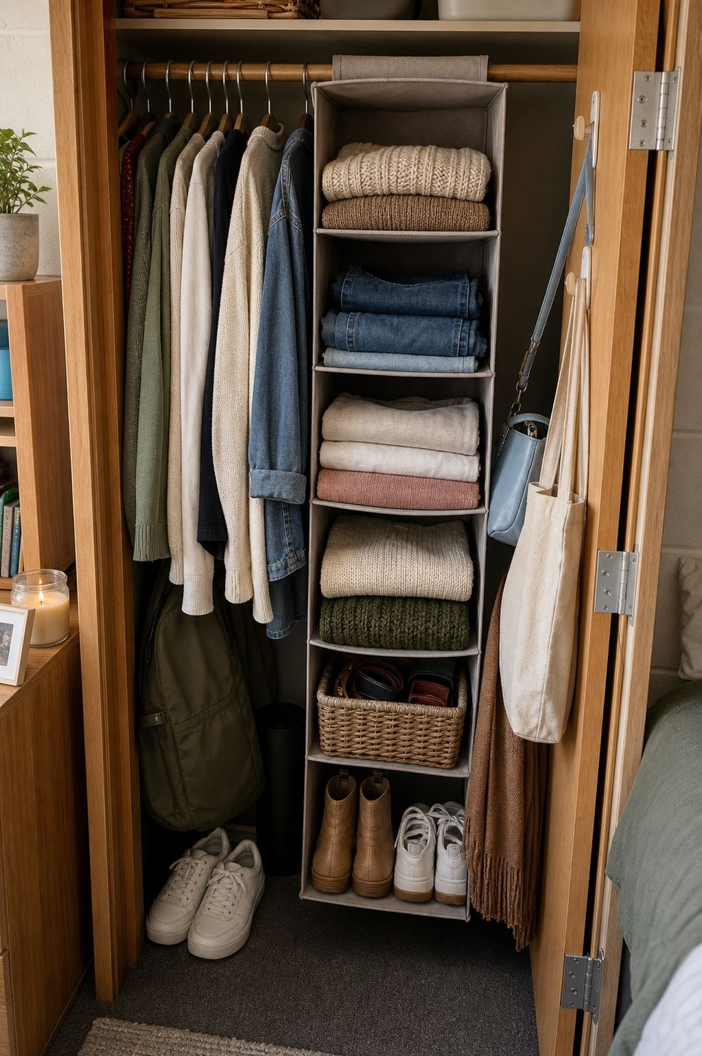 Hanging Closet Organizer small apartment idea for Top 20 Stylish College Dorm Room Ideas to Make Your Space Feel Like Home.