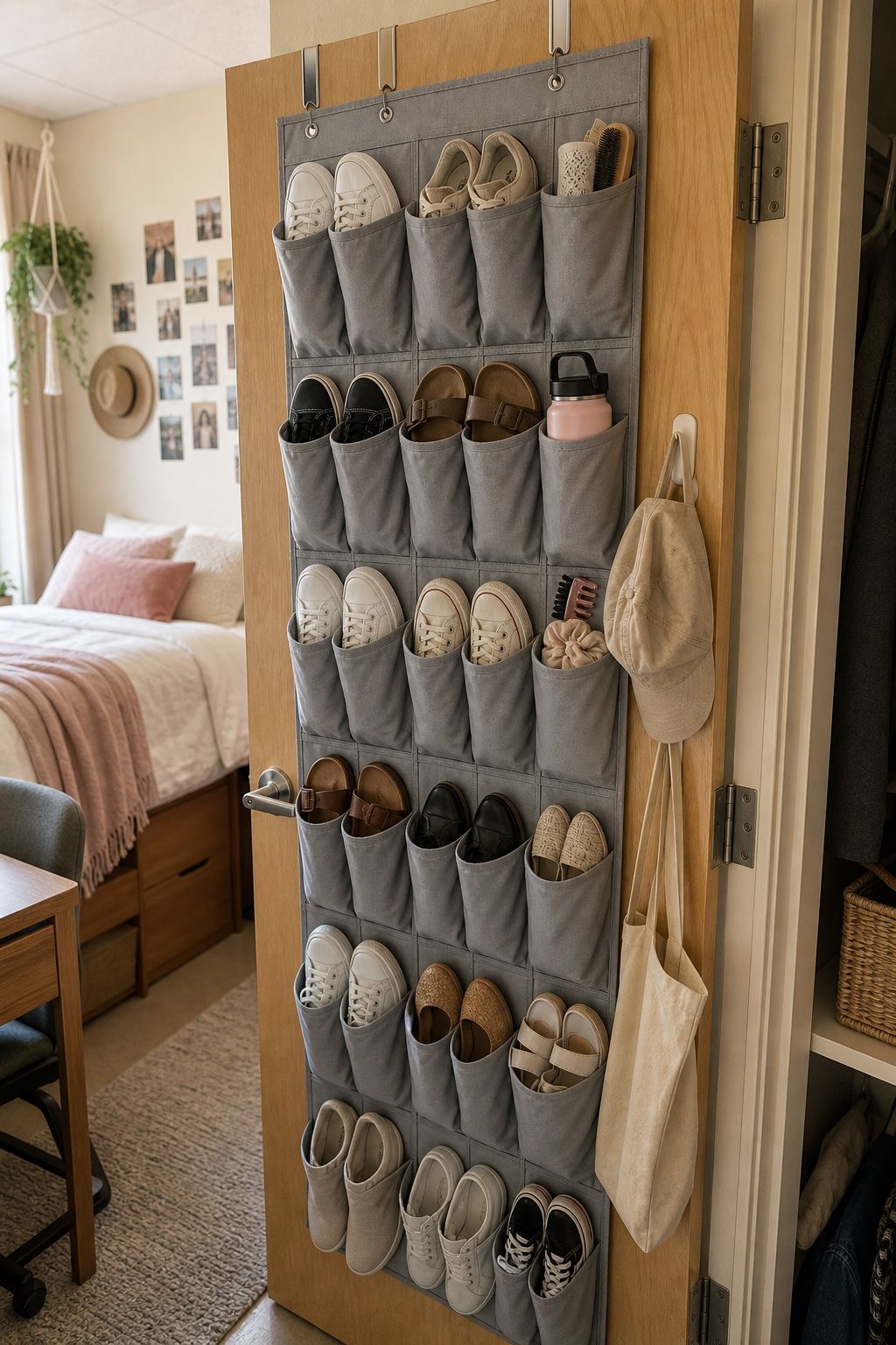 Over-Door Organizer for Shoes small apartment idea for Top 20 Stylish College Dorm Room Ideas to Make Your Space Feel Like Home.