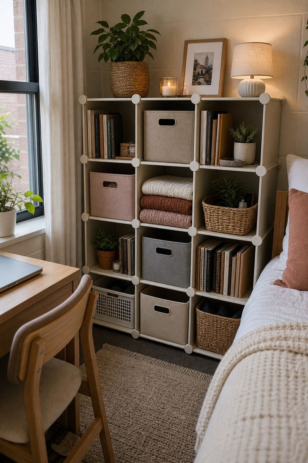 Stackable Storage Cubes small apartment idea for Top 20 Stylish College Dorm Room Ideas to Make Your Space Feel Like Home.