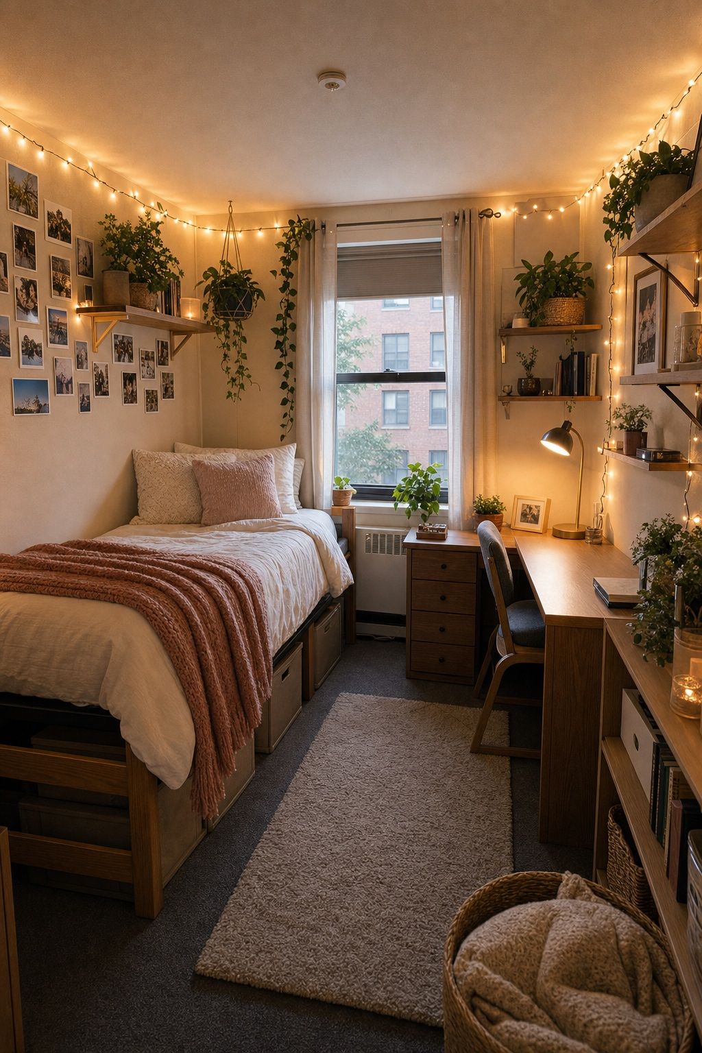 Warm String Lights Throughout small apartment idea for Top 20 Stylish College Dorm Room Ideas to Make Your Space Feel Like Home.