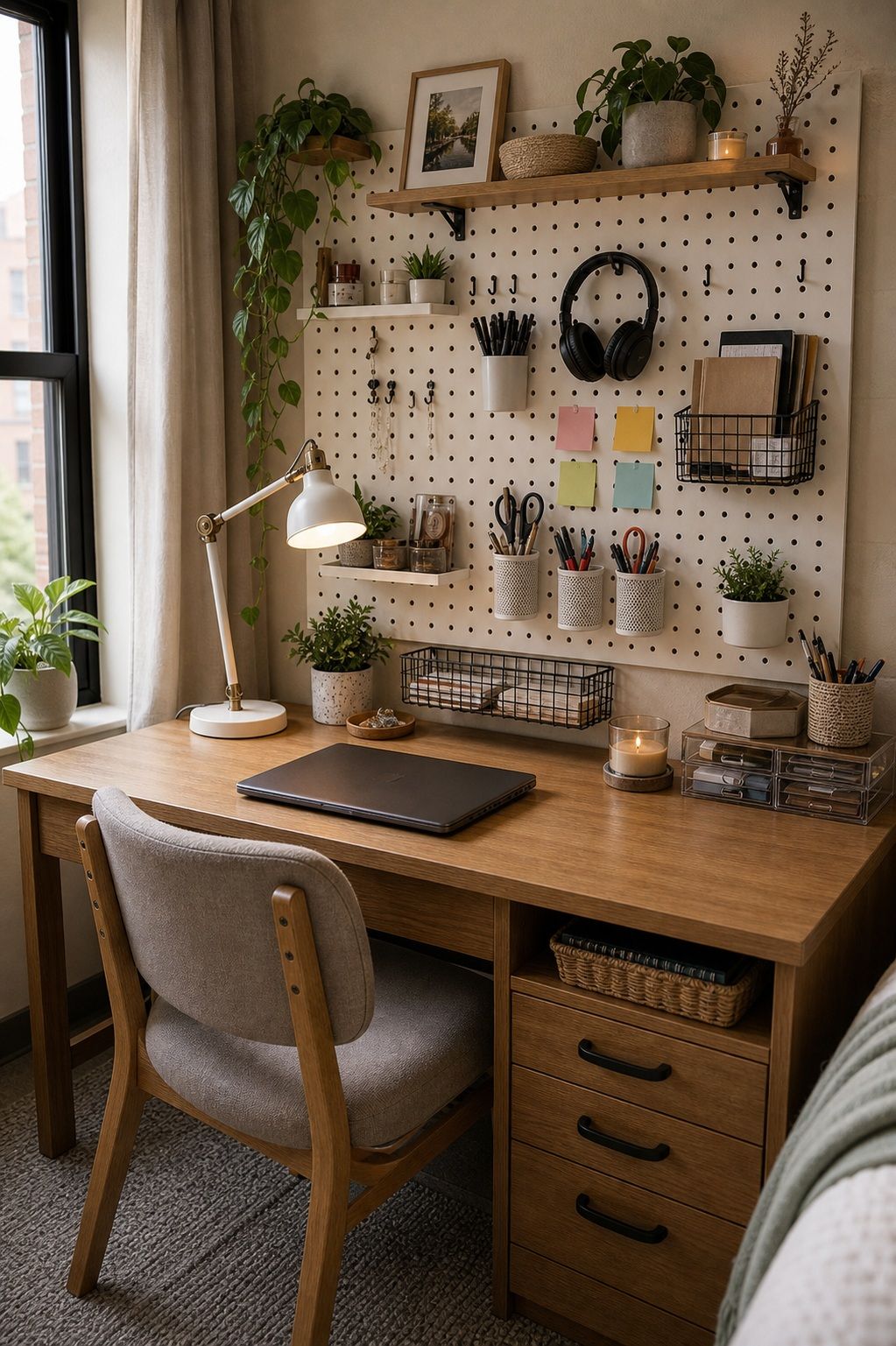 Desk Pegboard for Vertical Organization small apartment idea for Top 20 Stylish College Dorm Room Ideas to Make Your Space Feel Like Home.
