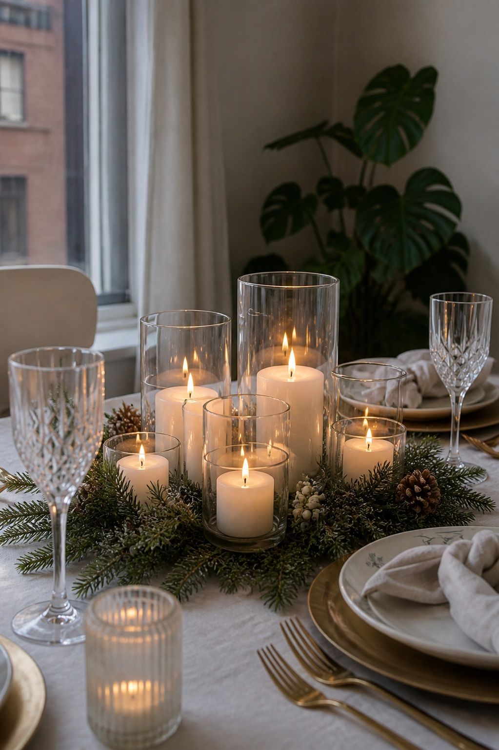 Group Votives in a Hurricane Cluster small apartment idea for Top 17 Elegant Winter Wedding Centerpiece Ideas That Bring Seasonal Charm.