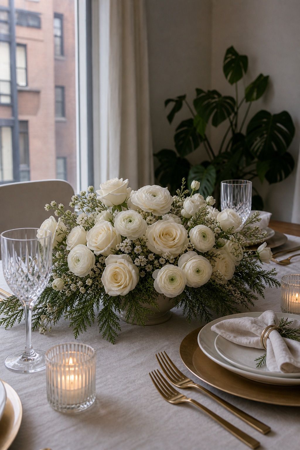 Build a White Rose and Ranunculus Arrangement small apartment idea for Top 17 Elegant Winter Wedding Centerpiece Ideas That Bring Seasonal Charm.