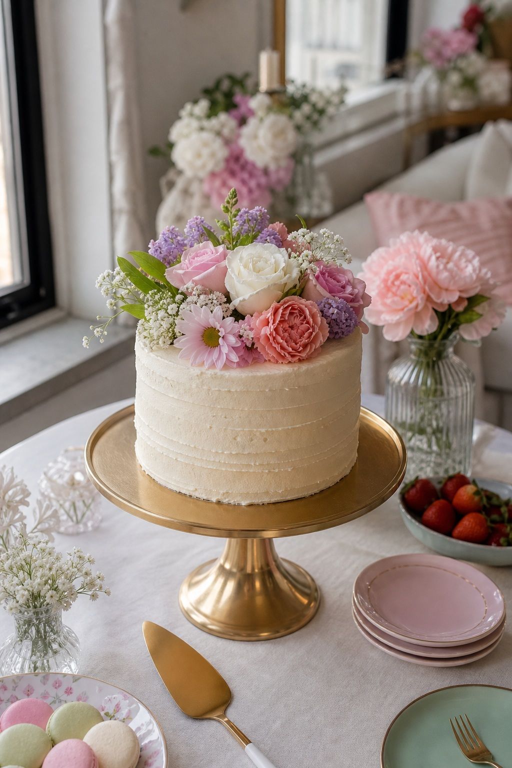 Floral-Topped Cake on Gold Stand small apartment idea for Top 17 Girls Summer Party Decor Ideas for Small Apartments.