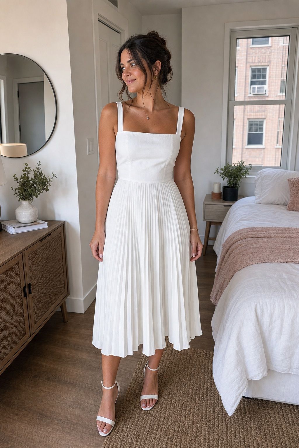 Pleated White Midi Dress small apartment idea for Top 18 Gorgeous Graduation Dresses to Shine on Your Big Day.