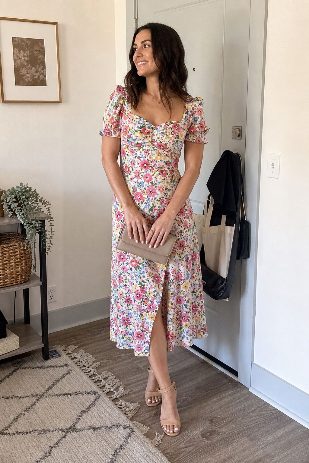 Floral Midi Dress with Block Heels small apartment idea for Top 17 Graduation Guest Outfits That Balance Comfort and Style.
