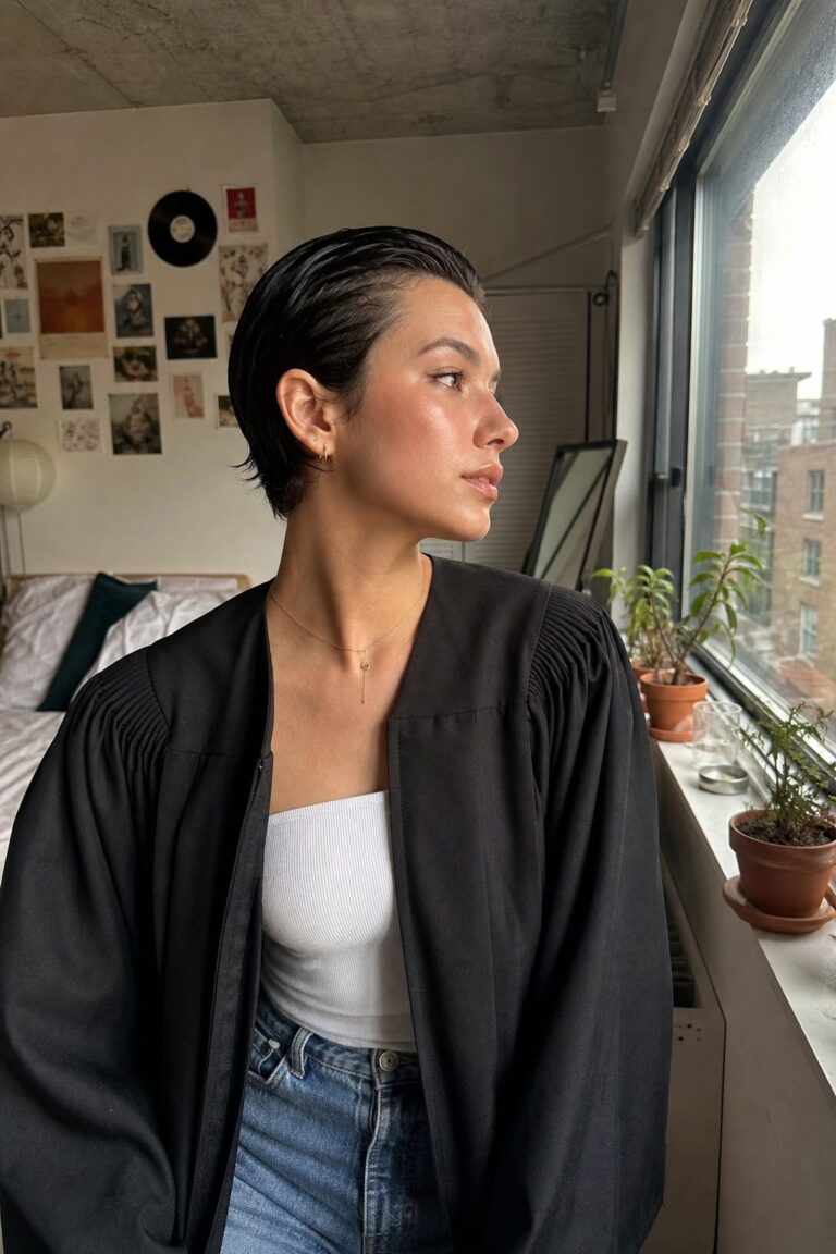 Slicked-Back Wet-Look Pixie small apartment idea for Top 16 Stunning Graduation Hairstyles for Short Hair That Pair with Any Cap.