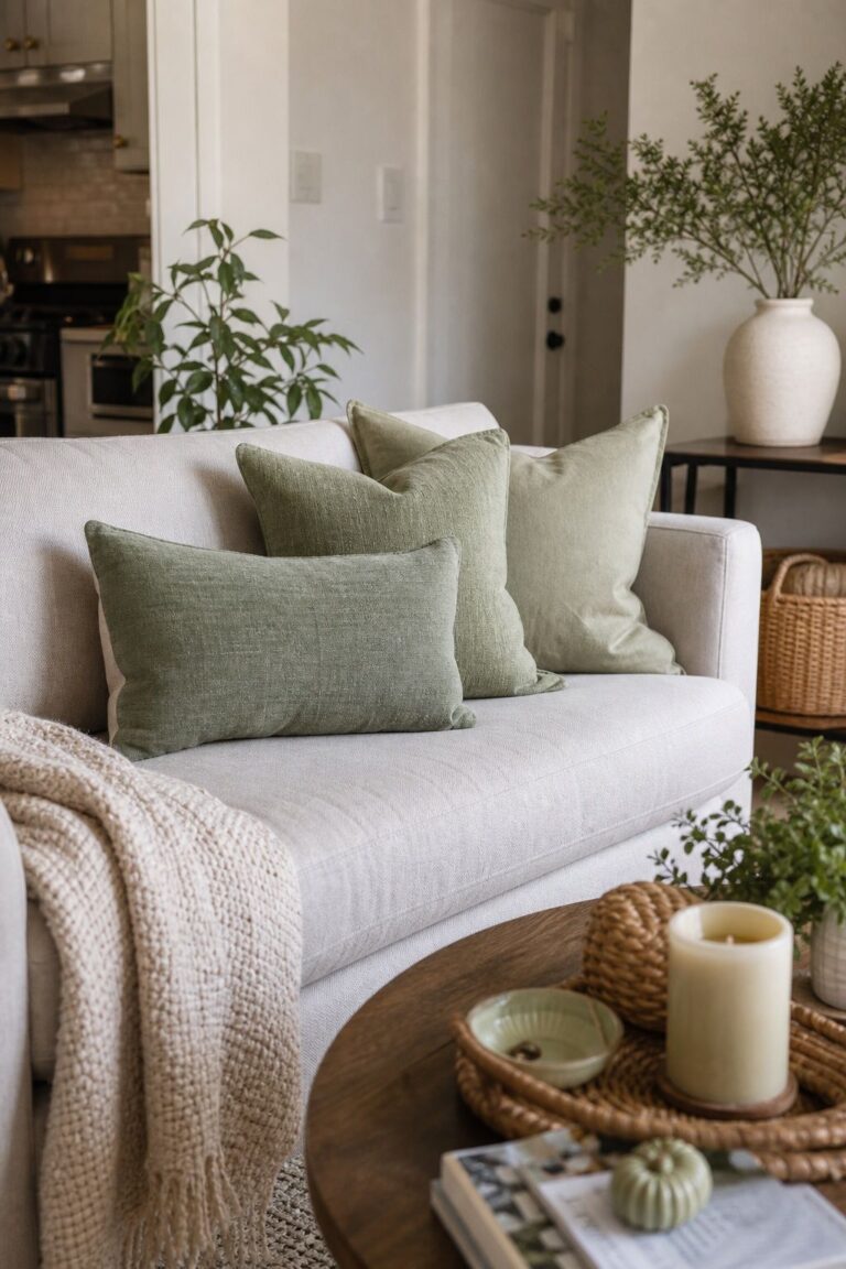 Sage Green Throw Pillows small apartment idea for Top 17 Light and Airy Sage Green Summer Decor Designs for Small Apartments.