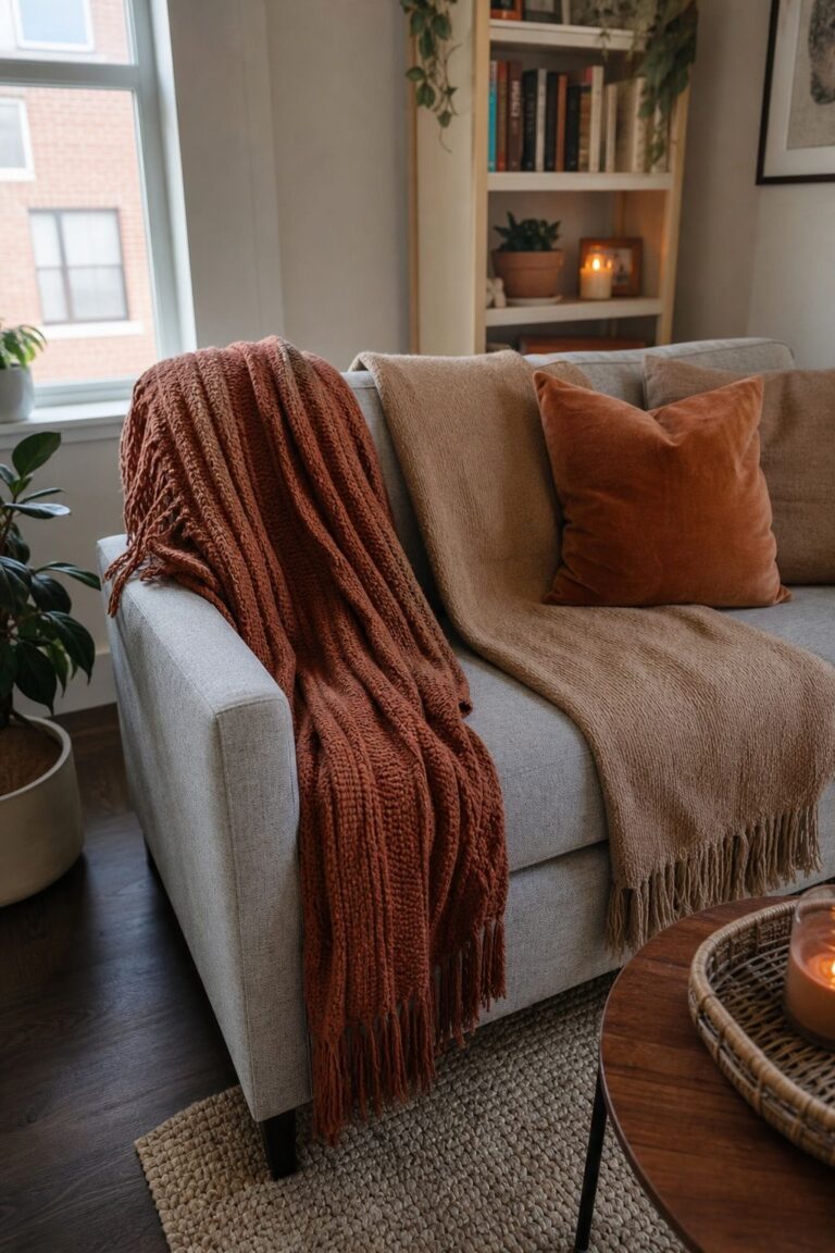 Drape Throws in Warm Autumn Tones small apartment idea for Top 17 Cozy Thanksgiving Living Room Decor Ideas for Small Apartments.