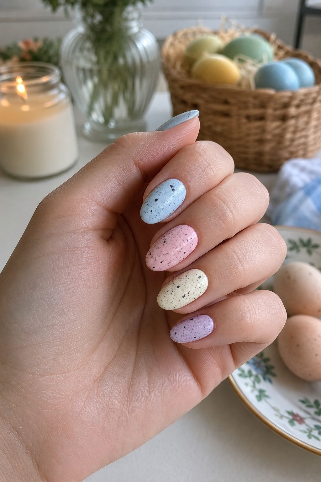 Speckled-Egg Nails Easter nail design on a realistic hand.