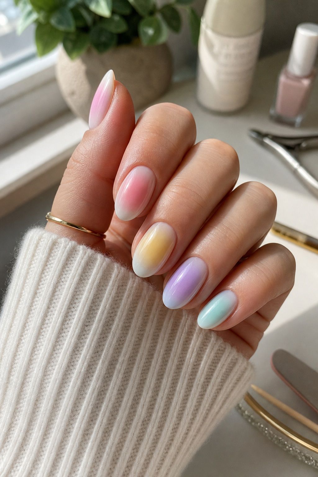 Aura Nails in Soft Pastels Easter nail design on a realistic hand.