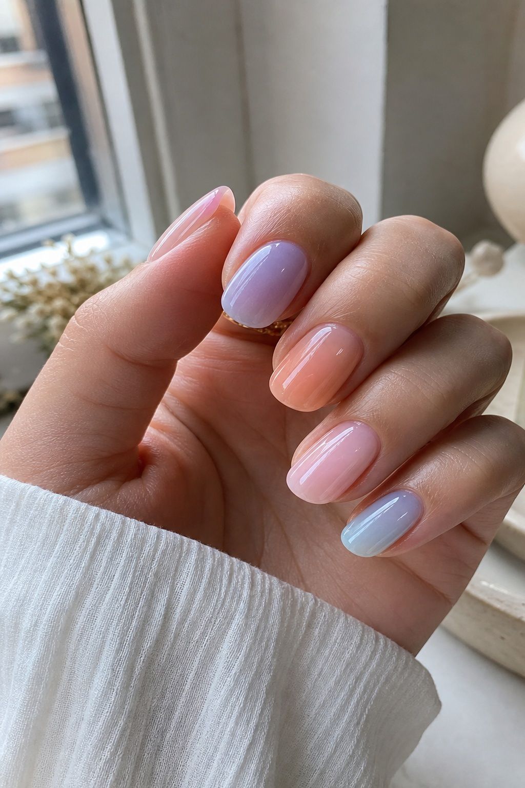 Milky Pastel Jelly Nails Easter nail design on a realistic hand.