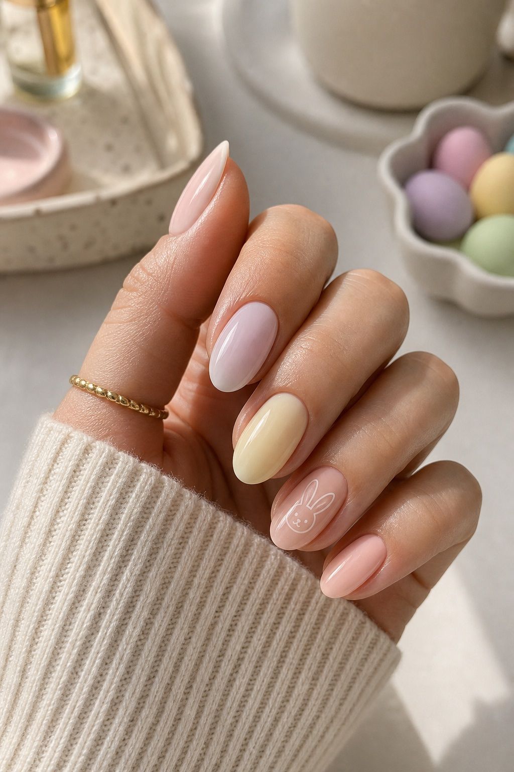 A Single Line-Art Bunny Accent Easter nail design on a realistic hand.