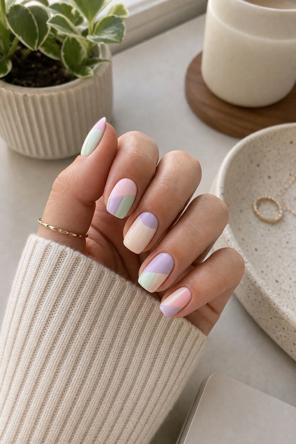 Minimalist Pastel Color-Block Easter nail design on a realistic hand.