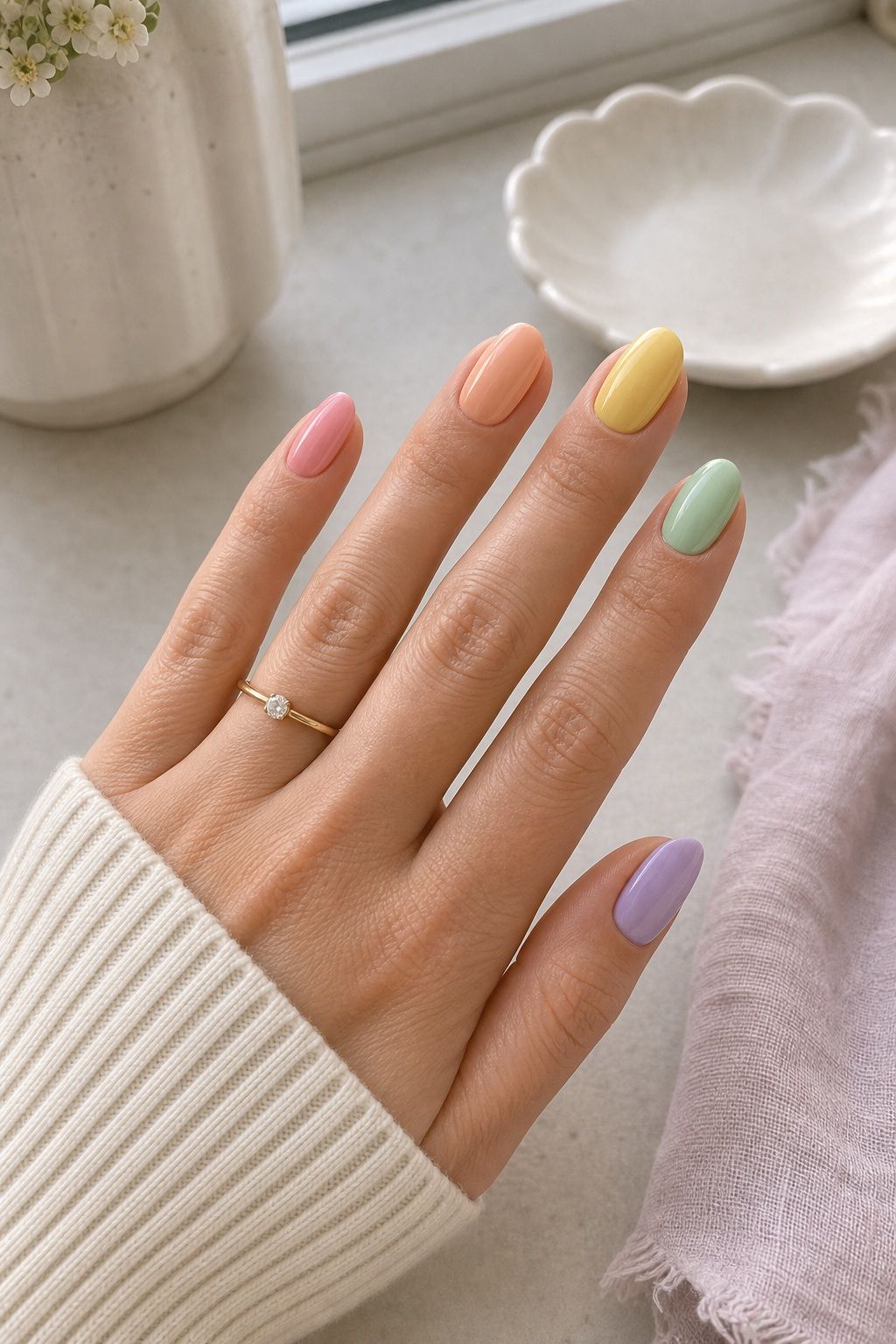 Pastel Rainbow Across the Hand Easter nail design on a realistic hand.