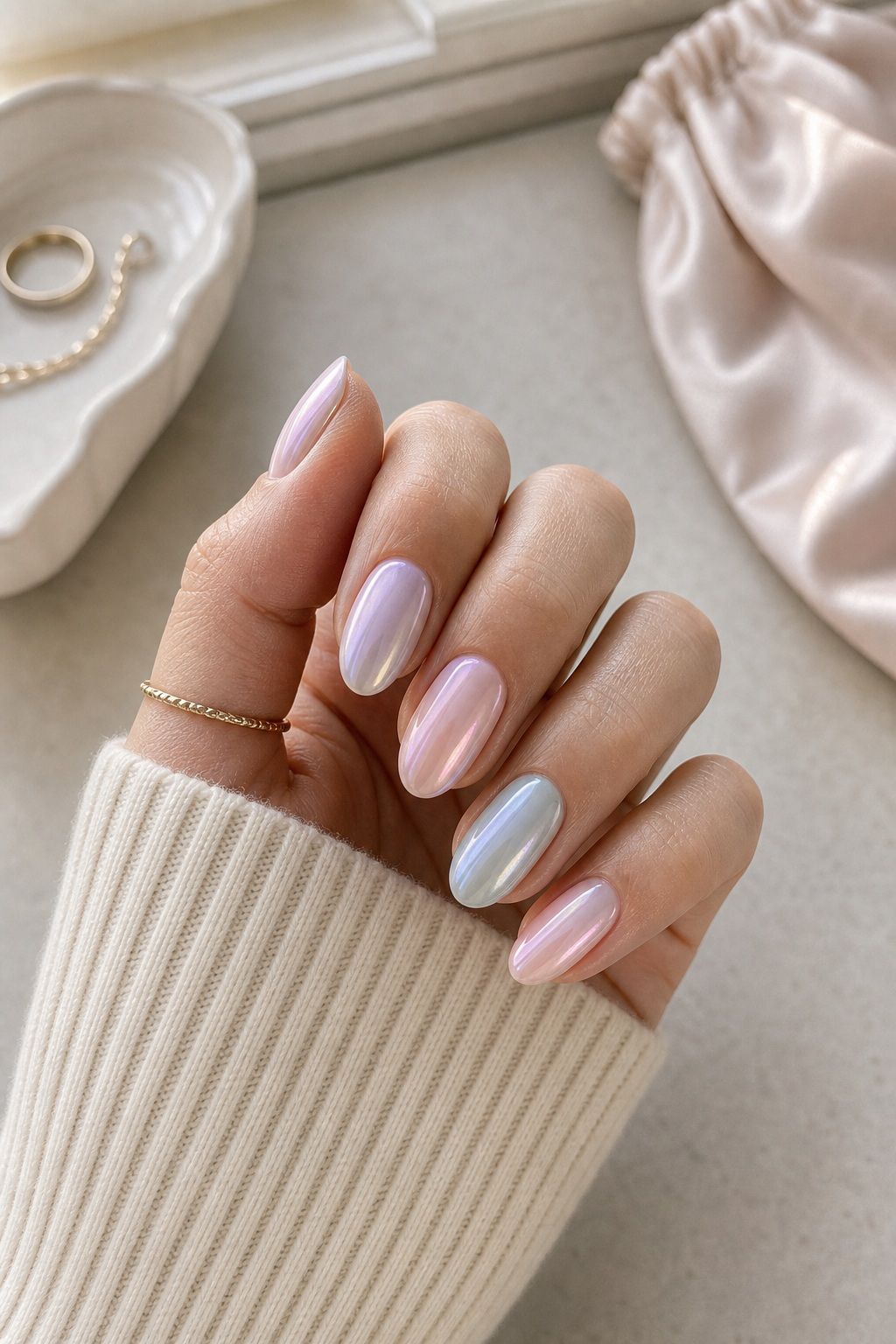 Chrome and Pearl Pastel Finishes Easter nail design on a realistic hand.