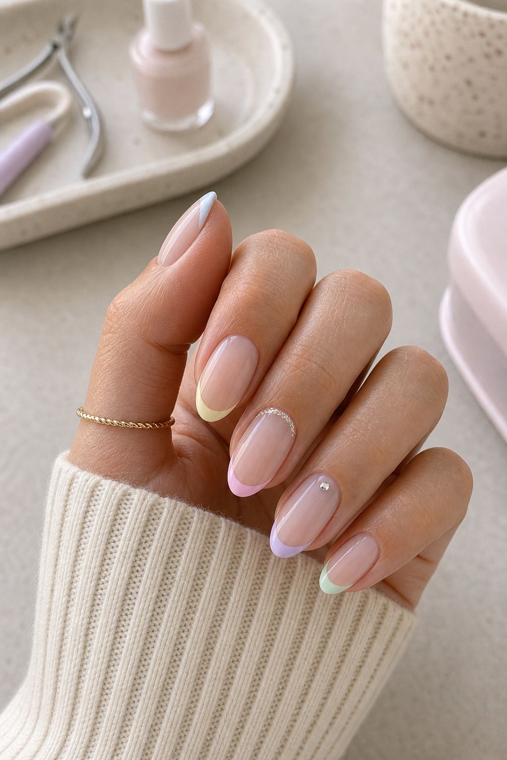 Pastel Tips With a Glitter or Rhinestone Detail Easter nail design on a realistic hand.