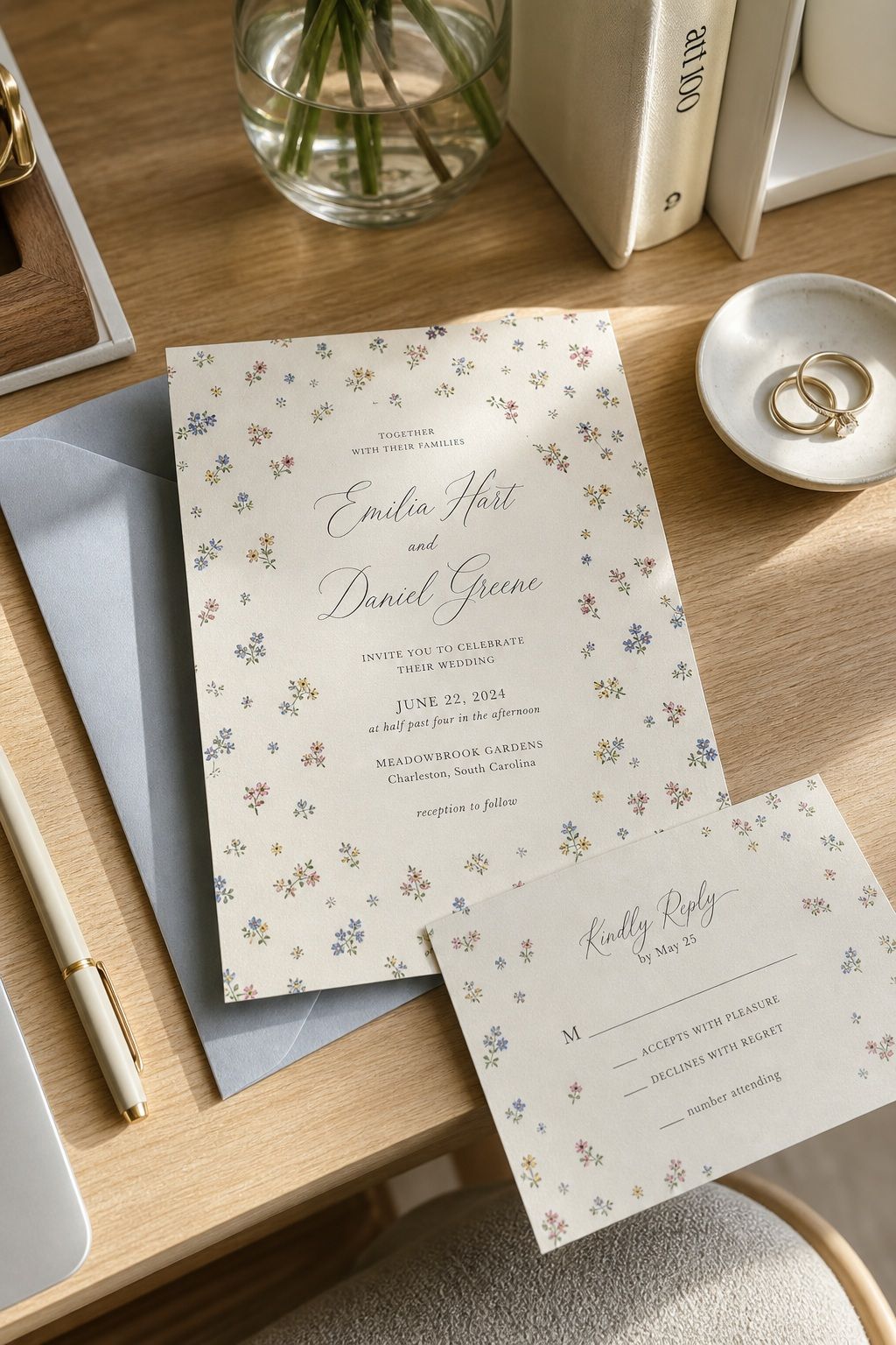 Pick a Ditsy Floral Print With Calligraphy Names small apartment idea for Top 16 Summer Wedding Invitation Ideas That Set the Tone for a Sunlit Celebration.
