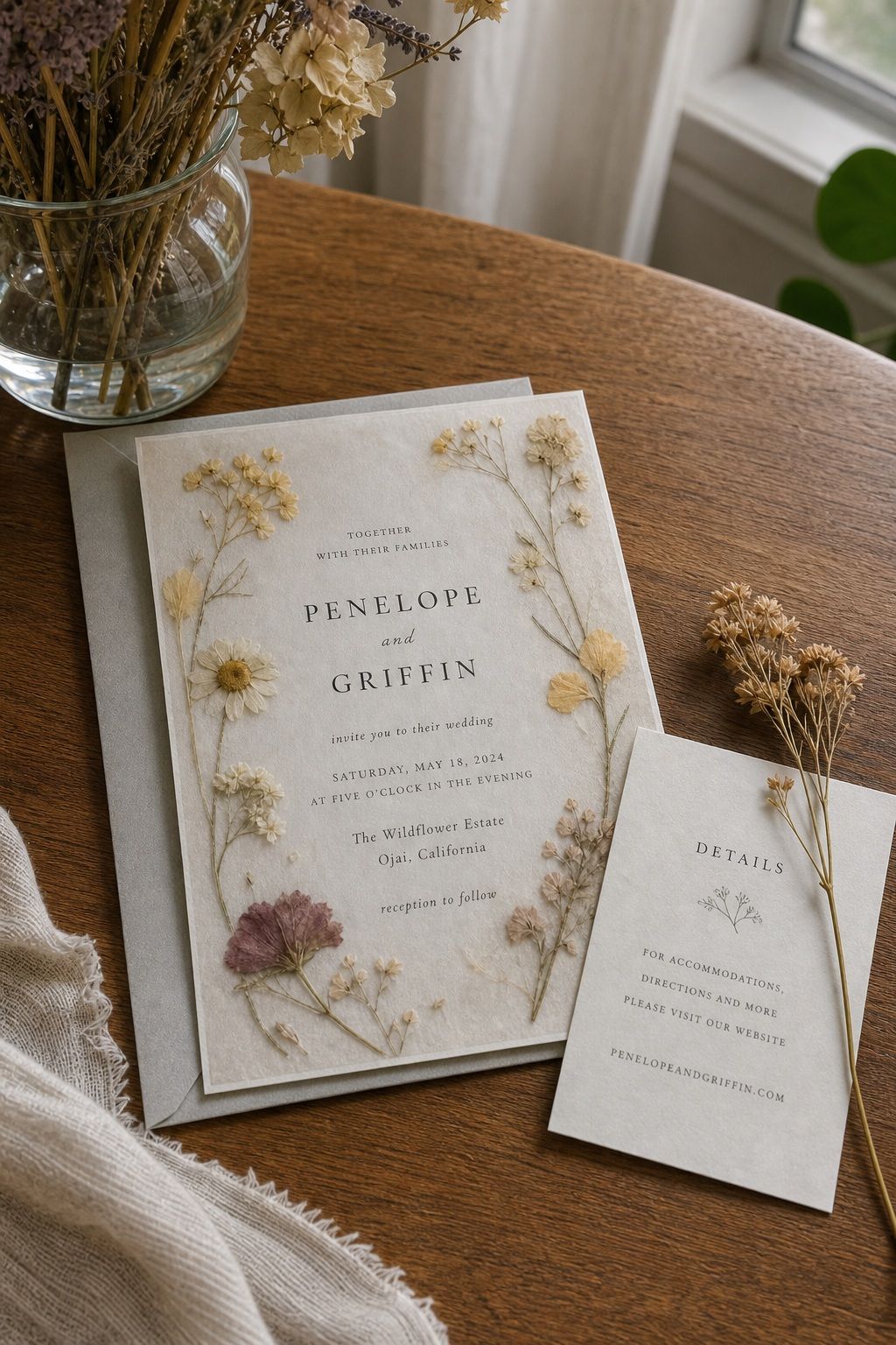 Press Dried Flowers Into the Design small apartment idea for Top 16 Summer Wedding Invitation Ideas That Set the Tone for a Sunlit Celebration.