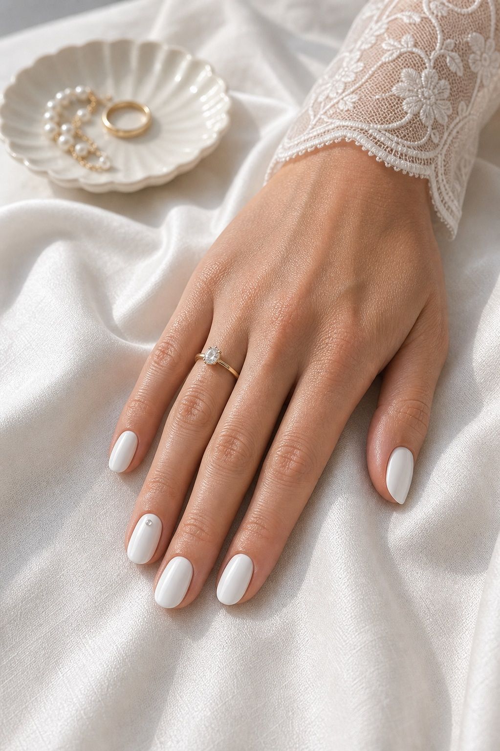 Bright White With Single Rhinestone small apartment idea for Top 18 Summer Wedding Nail Ideas for the Bride Who Wants Fresh and Floral.
