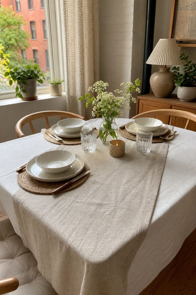 Natural Linen Runner with Cream Tablecloth small apartment idea for Top 17 Dining Table Summer Decor Ideas for Small-Space Hosting.