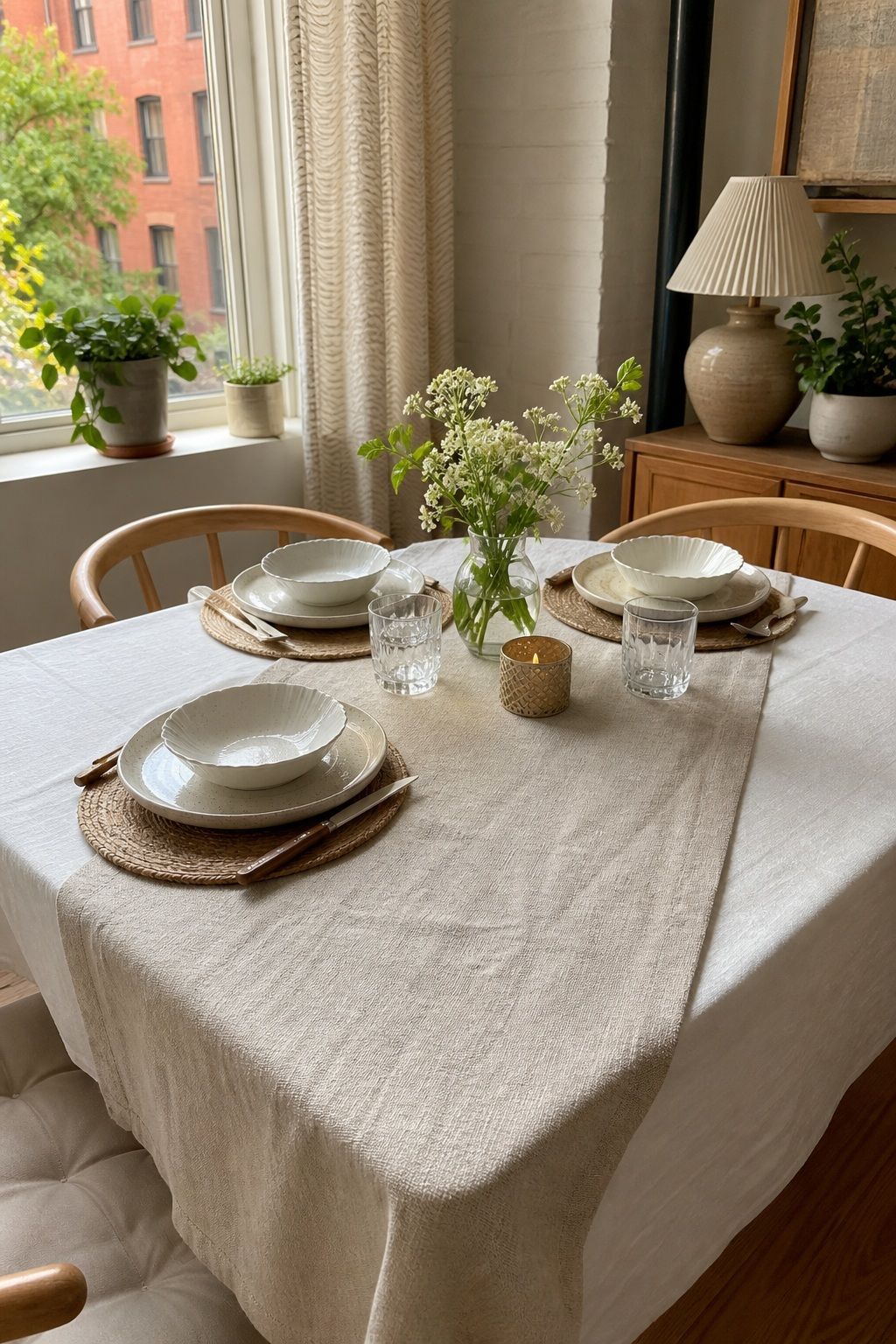 Natural Linen Runner with Cream Tablecloth small apartment idea for Top 17 Dining Table Summer Decor Ideas for Small-Space Hosting.
