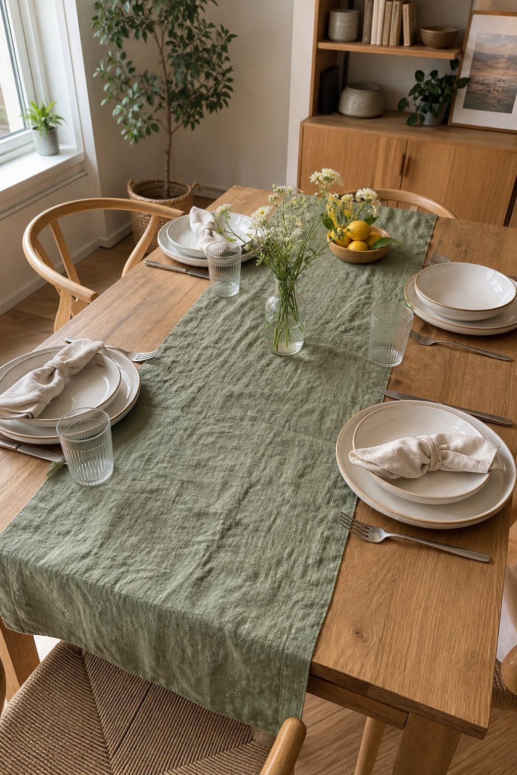 Sage Green Linen Runner small apartment idea for Top 17 Dining Table Summer Decor Ideas for Small-Space Hosting.
