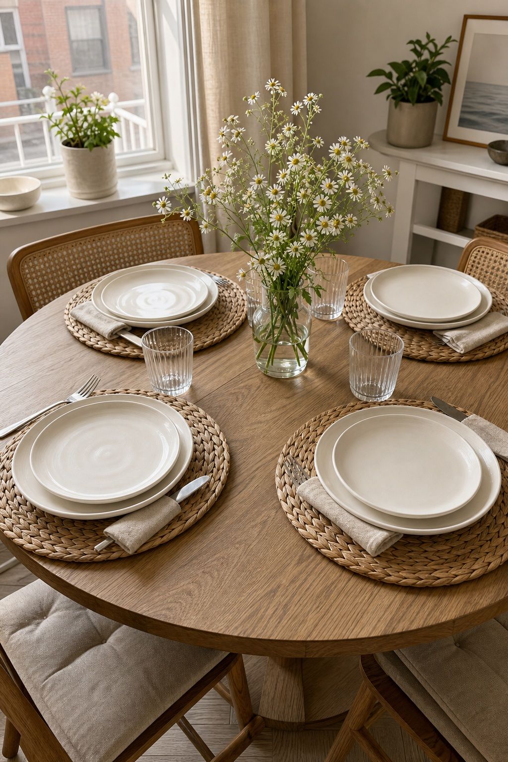 Round Rattan Placemats with White Plates small apartment idea for Top 17 Dining Table Summer Decor Ideas for Small-Space Hosting.