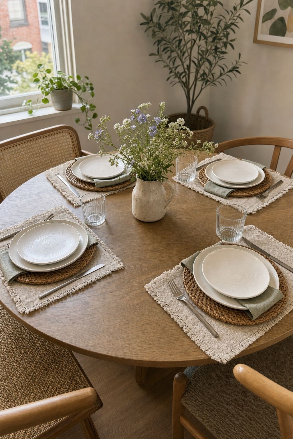 Layered Cloth and Rattan Combo small apartment idea for Top 17 Dining Table Summer Decor Ideas for Small-Space Hosting.
