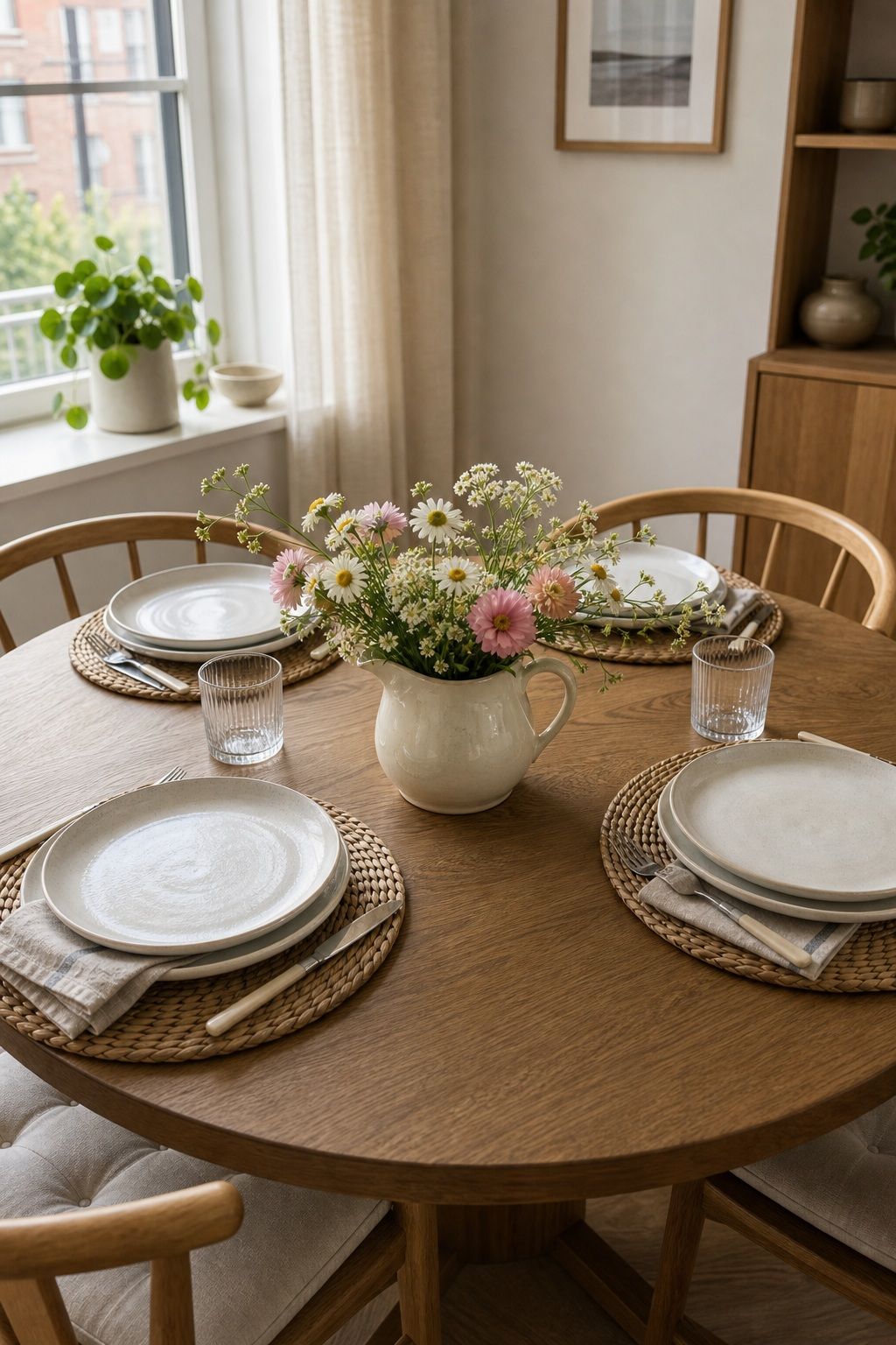 Low Garden Bouquet in Pitcher small apartment idea for Top 17 Dining Table Summer Decor Ideas for Small-Space Hosting.