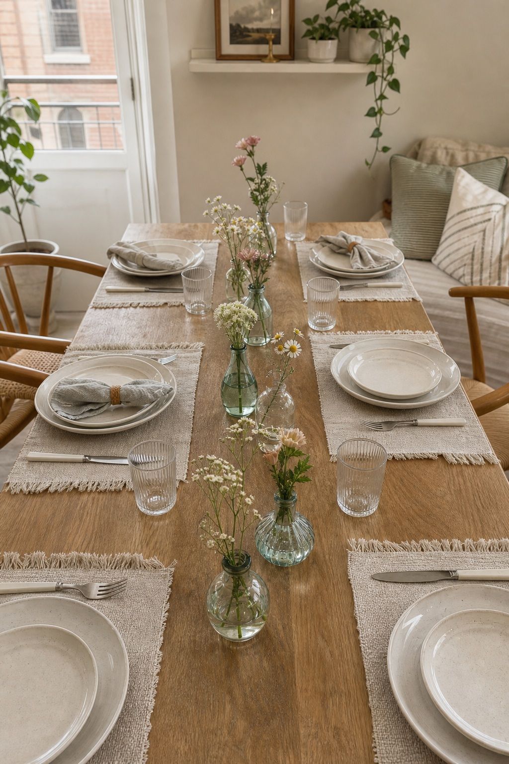 Bud Vase Cluster Down the Length small apartment idea for Top 17 Dining Table Summer Decor Ideas for Small-Space Hosting.