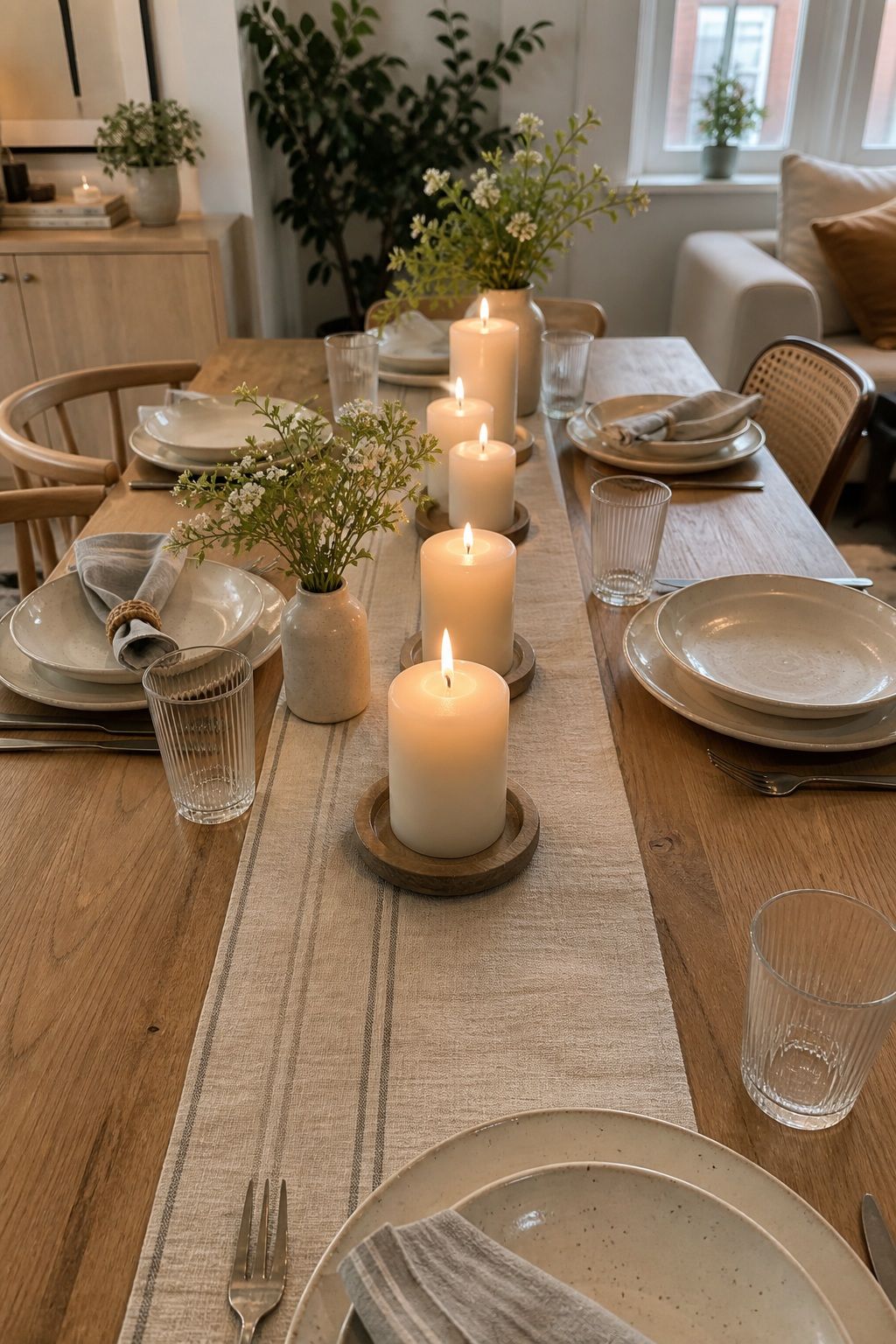 Pillar Candles Down Center small apartment idea for Top 17 Dining Table Summer Decor Ideas for Small-Space Hosting.